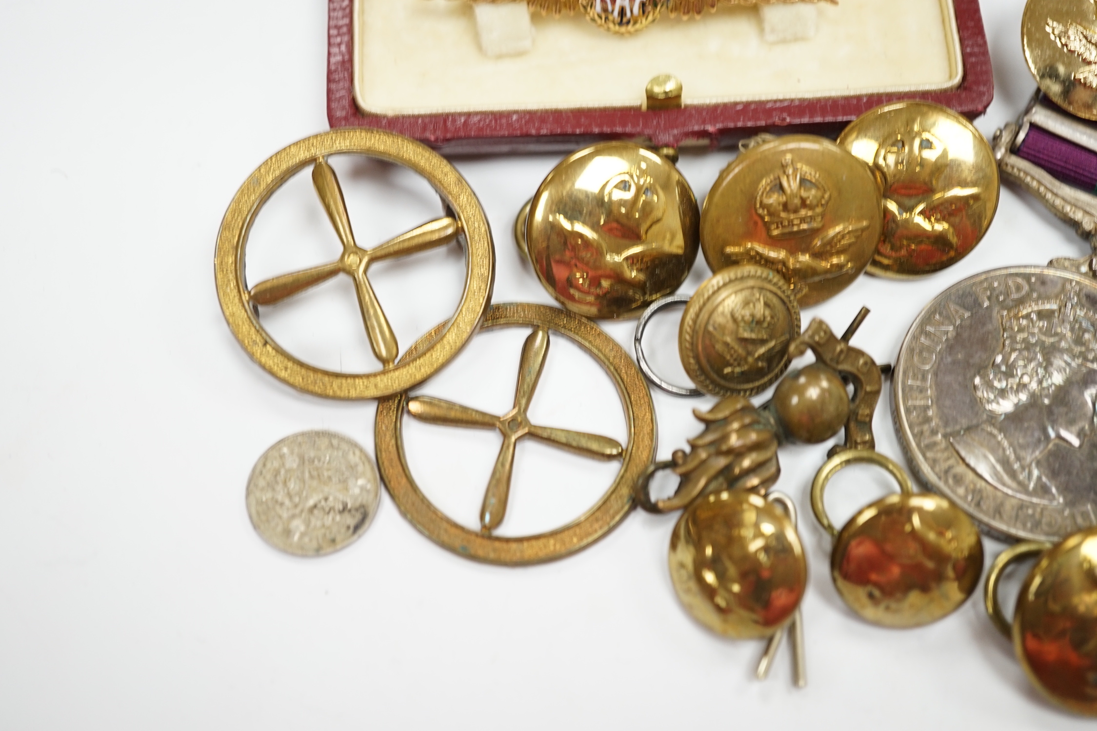 A 9ct. enamelled RAF Sweetheart brooch, an Elizabeth II General Service medal with Malaya bar to Cpl. A.J.L. Fuller R.A.F., a number of buttons and related sundries